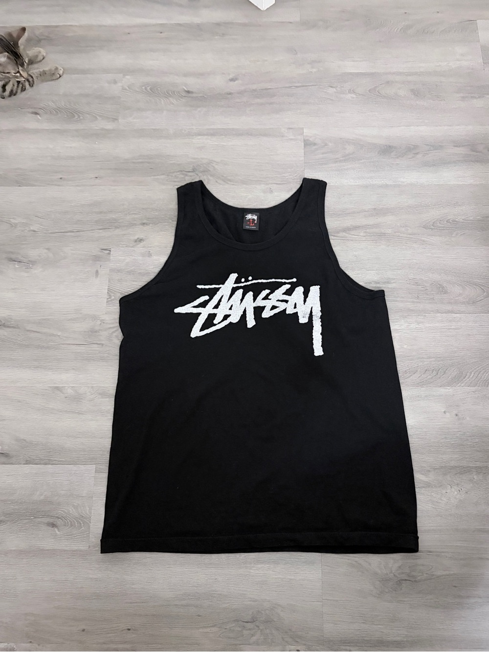 Stussy Black Tank Top with White Script Logo
